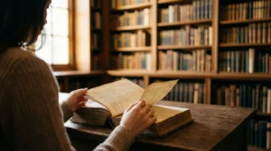 Mains féminines feuilletant délicatement un vieux livre relié dans une bibliothèque baignée de lumière naturelle dorée