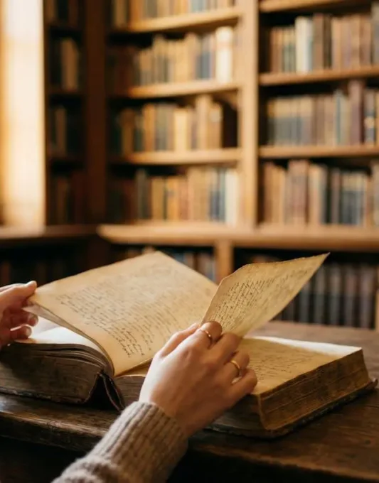 Mains féminines feuilletant délicatement un vieux livre relié dans une bibliothèque baignée de lumière naturelle dorée