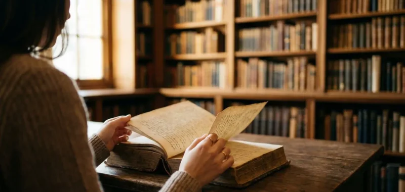 Mains féminines feuilletant délicatement un vieux livre relié dans une bibliothèque baignée de lumière naturelle dorée