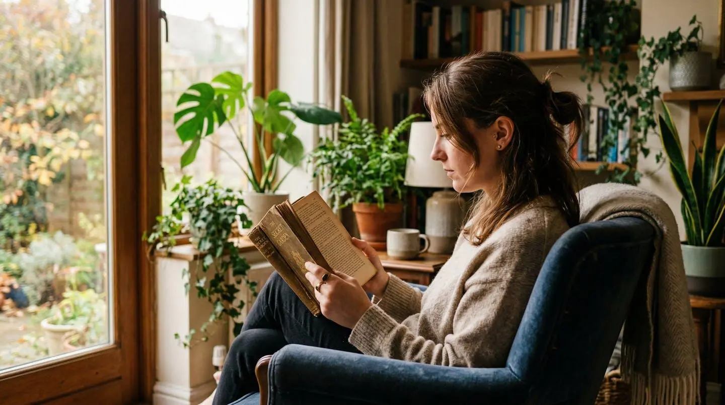 Personne de profil lisant près d'une fenêtre dans un fauteuil confortable, livre ancien entre les mains, intérieur cosy avec plantes et lumière naturelle