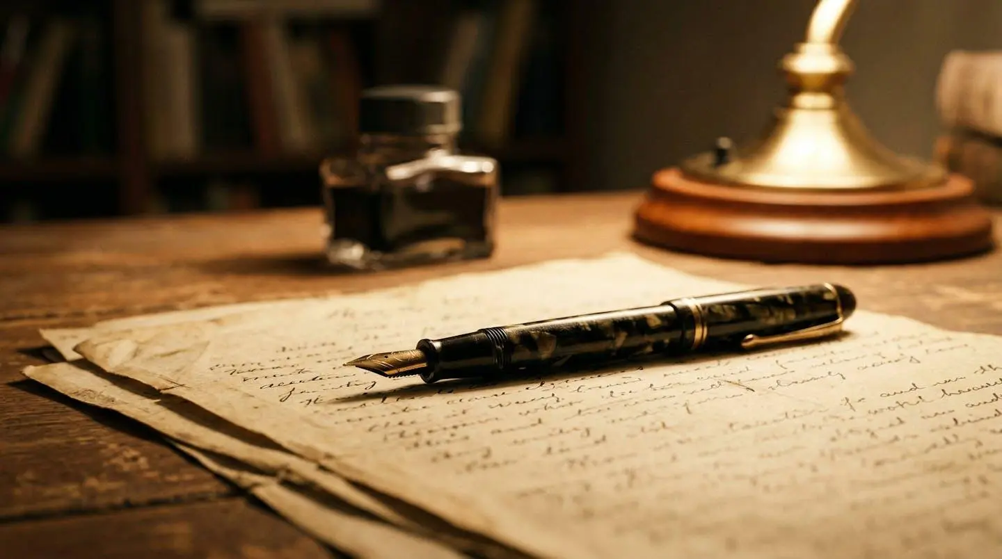 Gros plan sur un stylo plume posé sur des feuilles manuscrites anciennes avec un encrier en arrière-plan flouté