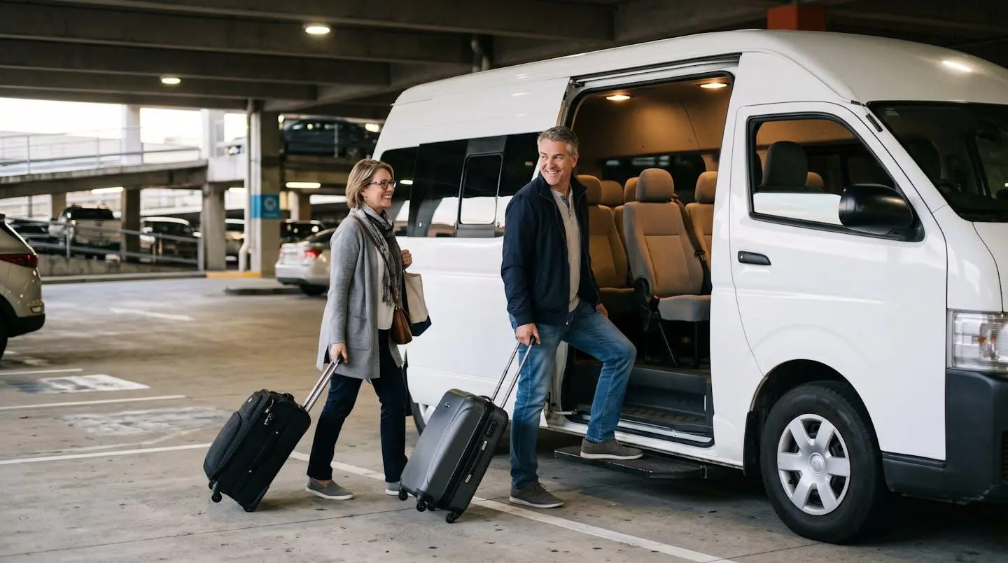 Couple de voyageurs avec bagages qui monte dans une navette blanche confortable, très tôt le matin, dans un environnement de parking couvert