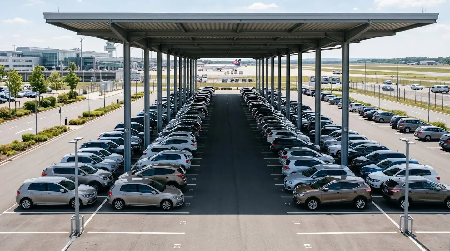Vue d'un parking de véhicules bien organisé, à ciel couvert, avec des voitures alignées et une signalétique claire, proche d'un aéroport