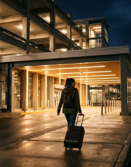 Voyageur avec valise à roulettes qui se dirige vers un parking couvert et éclairé à proximité d'un aéroport, de nuit