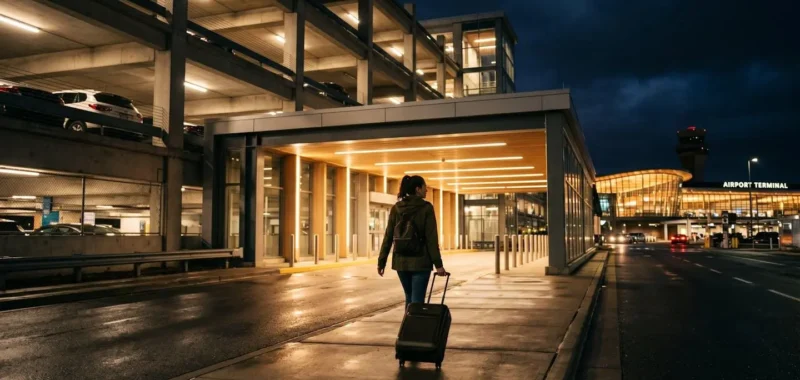 Voyageur avec valise à roulettes qui se dirige vers un parking couvert et éclairé à proximité d'un aéroport, de nuit