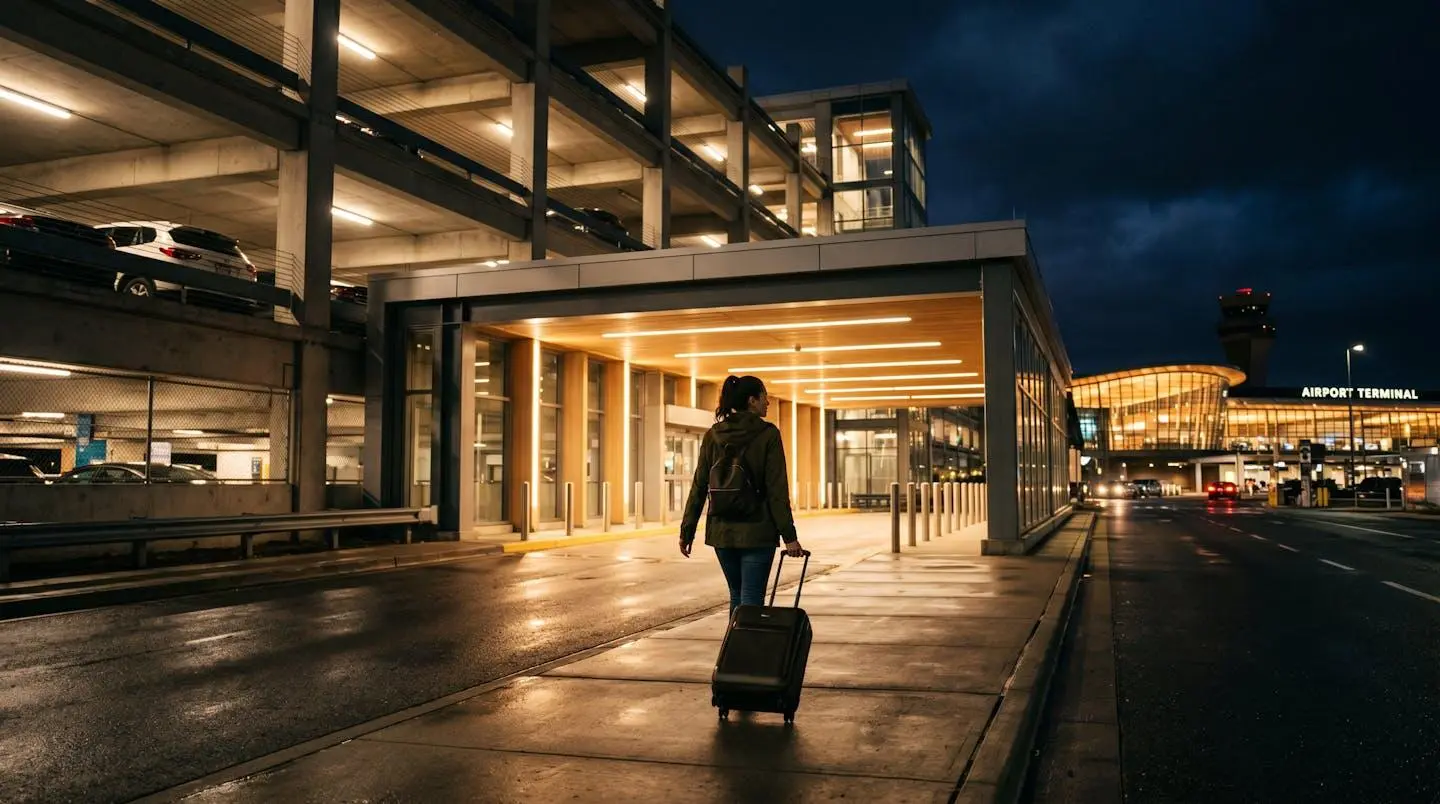 Voyageur avec valise à roulettes qui se dirige vers un parking couvert et éclairé à proximité d'un aéroport, de nuit