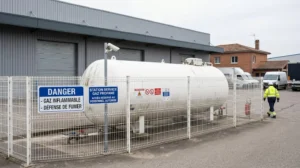 Grande citerne de gaz propane professionnelle installée dans une zone industrielle en France, avec dispositifs de sécurité et clôture visibles