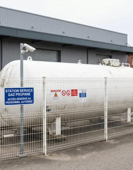 Grande citerne de gaz propane professionnelle installée dans une zone industrielle en France, avec dispositifs de sécurité et clôture visibles