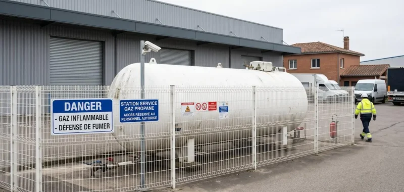 Grande citerne de gaz propane professionnelle installée dans une zone industrielle en France, avec dispositifs de sécurité et clôture visibles