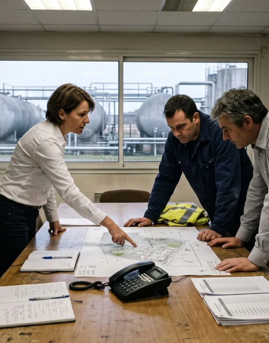Une équipe de crise se réunit autour d'un plan de site industriel lors d'un exercice de coordination en France.