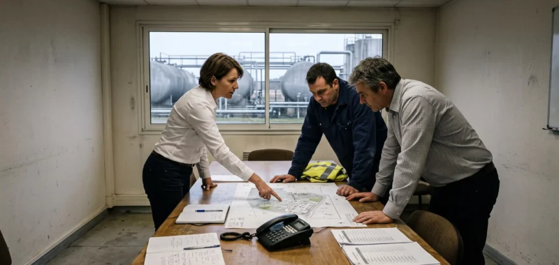 Une équipe de crise se réunit autour d'un plan de site industriel lors d'un exercice de coordination en France.