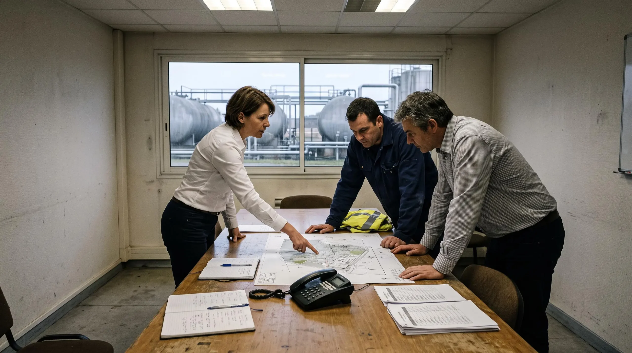 Une équipe de crise se réunit autour d'un plan de site industriel lors d'un exercice de coordination en France.