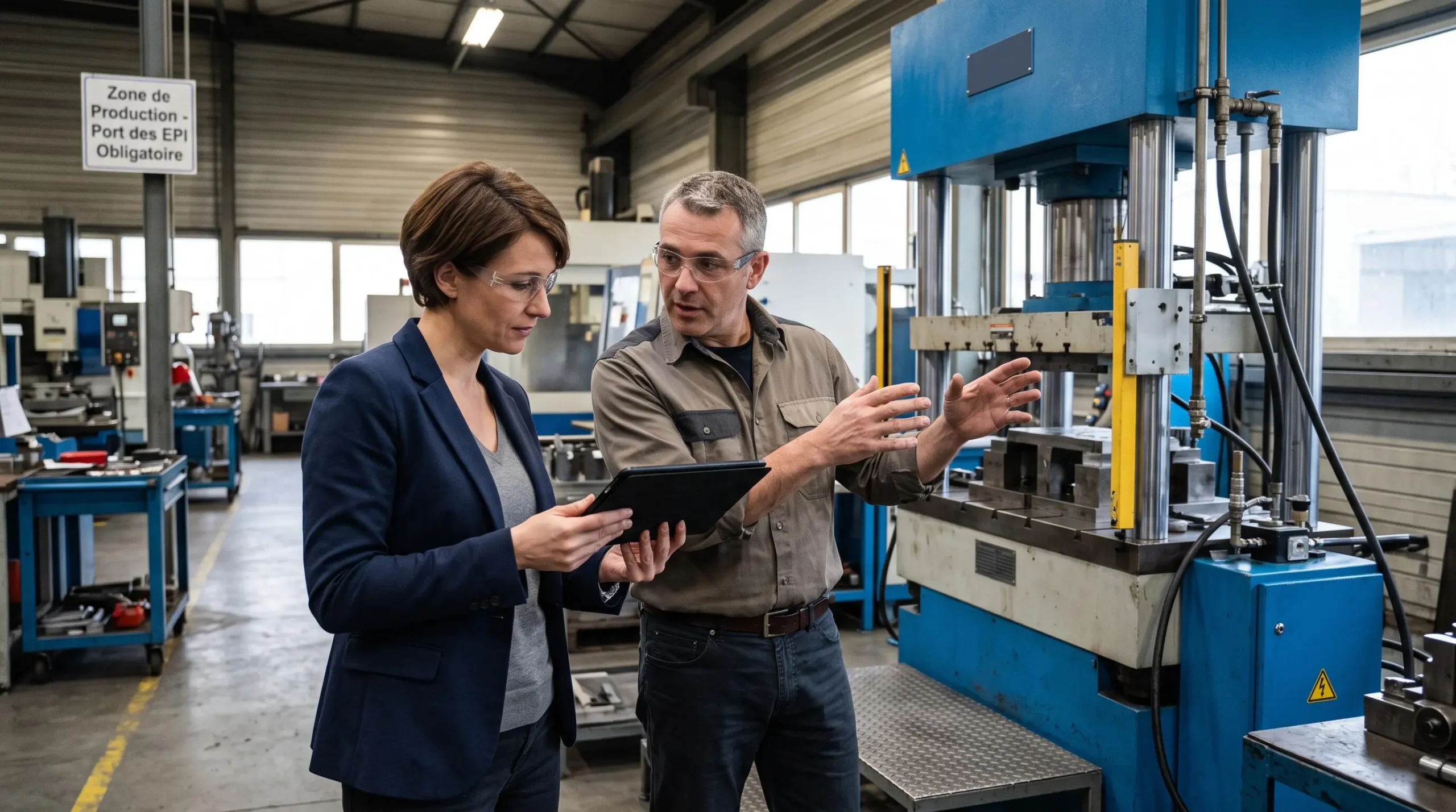 Conseiller financier et dirigeant de PME en discussion dans un atelier de production près d'un équipement industriel