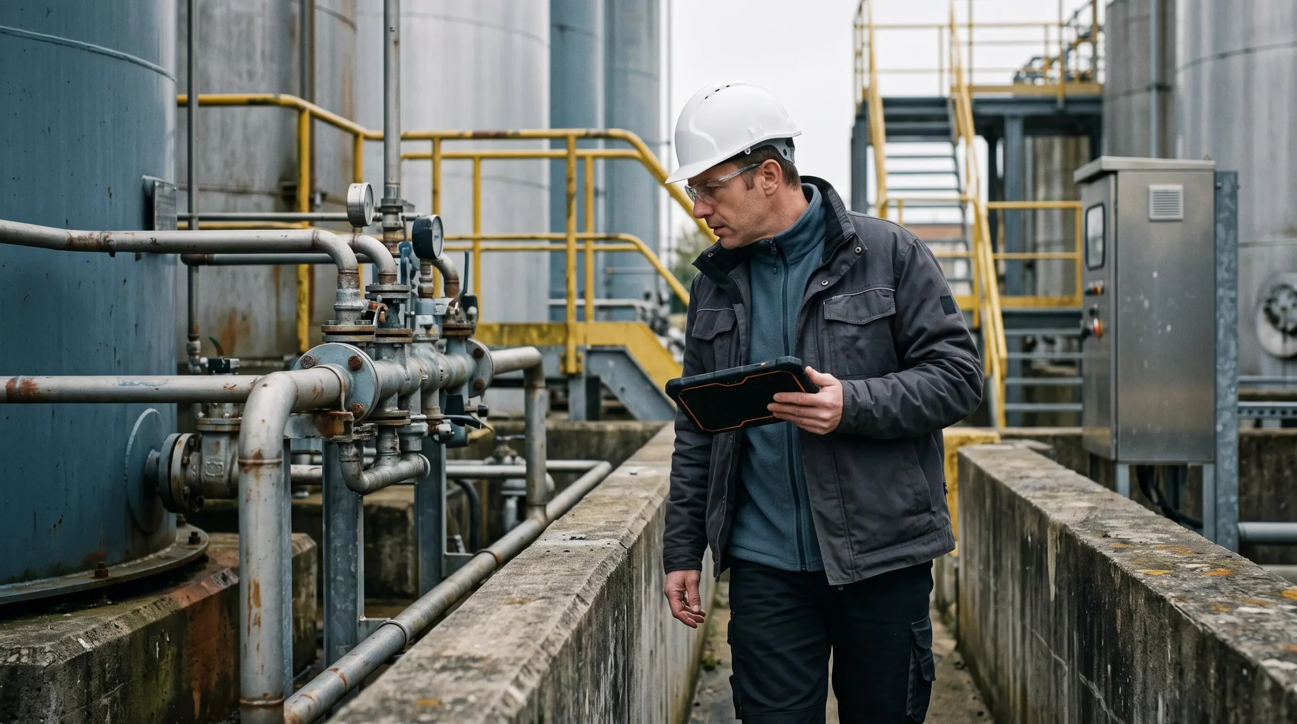Un expert en sinistres inspecte des conduites et vannes dans une zone de stockage industriel équipée de bacs de rétention.