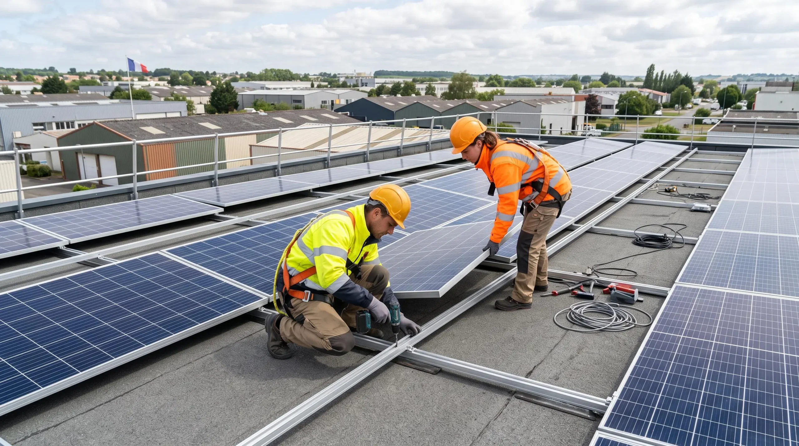 Techniciens installant des panneaux photovoltaïques sur la toiture d'un atelier industriel en France