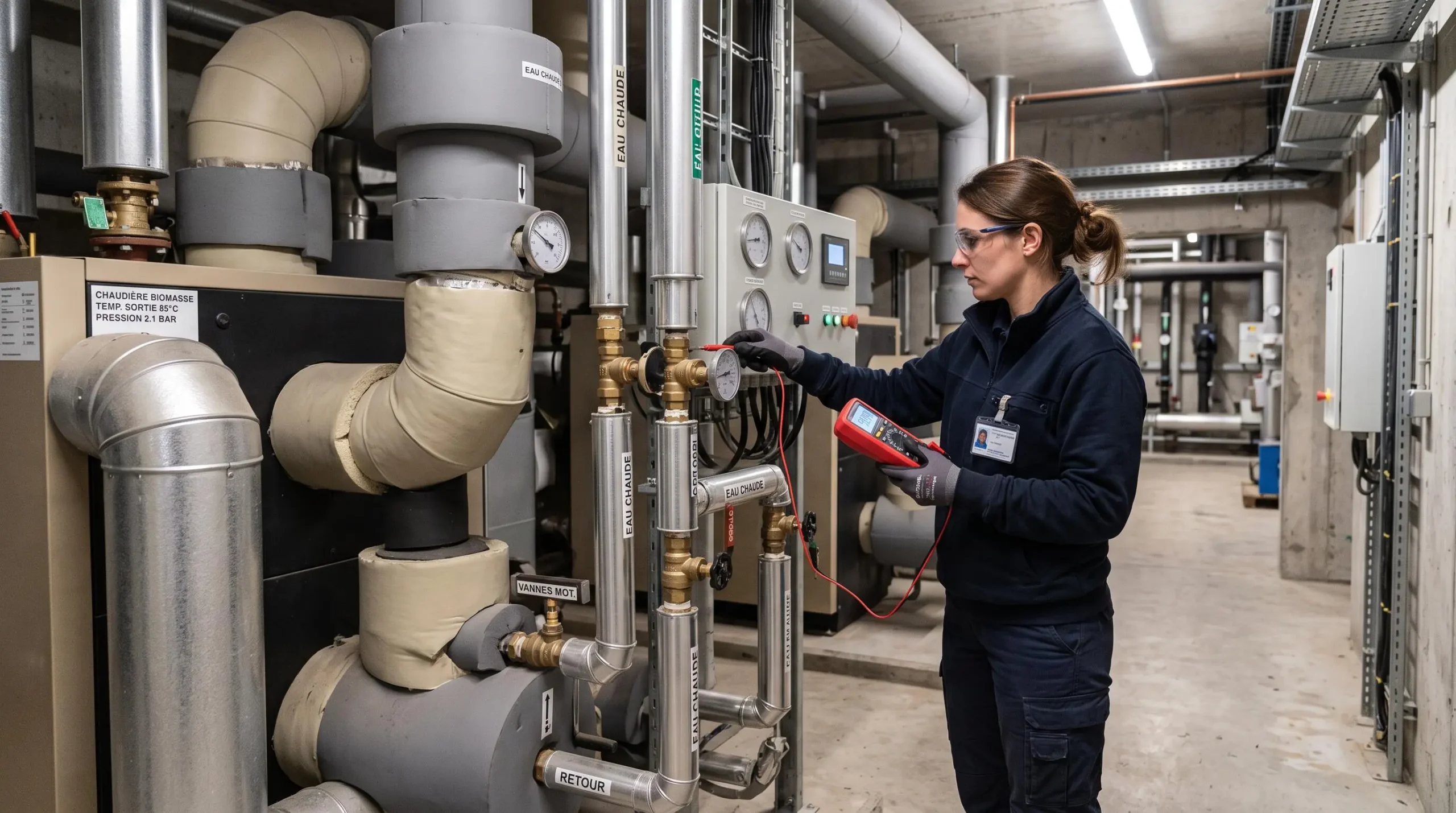 Technicien inspectant un système de chauffage biomasse dans le local technique d'une installation industrielle française